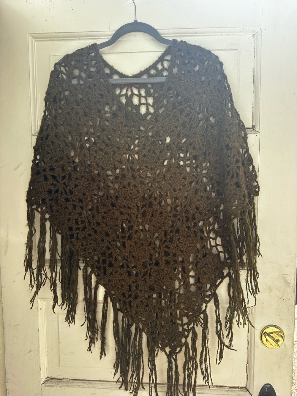 Mossy brown Crochet Fringe Poncho Sweater